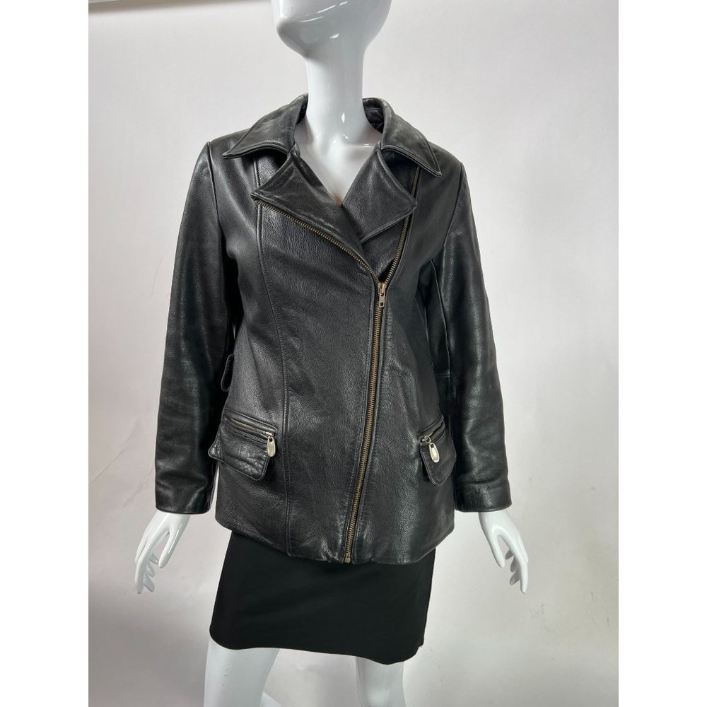 Vintage Guess Leather Jacket sz S Black Motorcycle Asymmetrical Zip Pockets Line